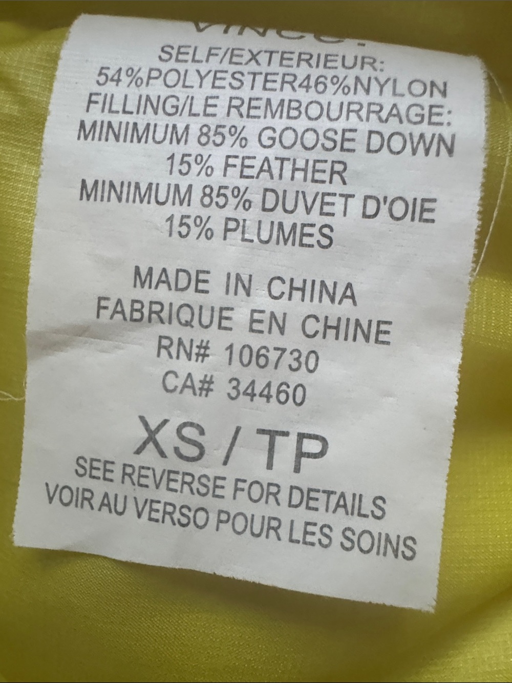 VINCE Vest Puffer Goose Down Feather Yellow Magnetic Buttons Size XS - Picture 5 of 7